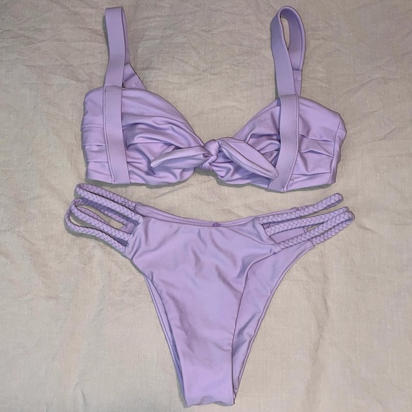 Lavender Pleated Braided Tie Cheeky Bikini Set - Picture 4 of 8